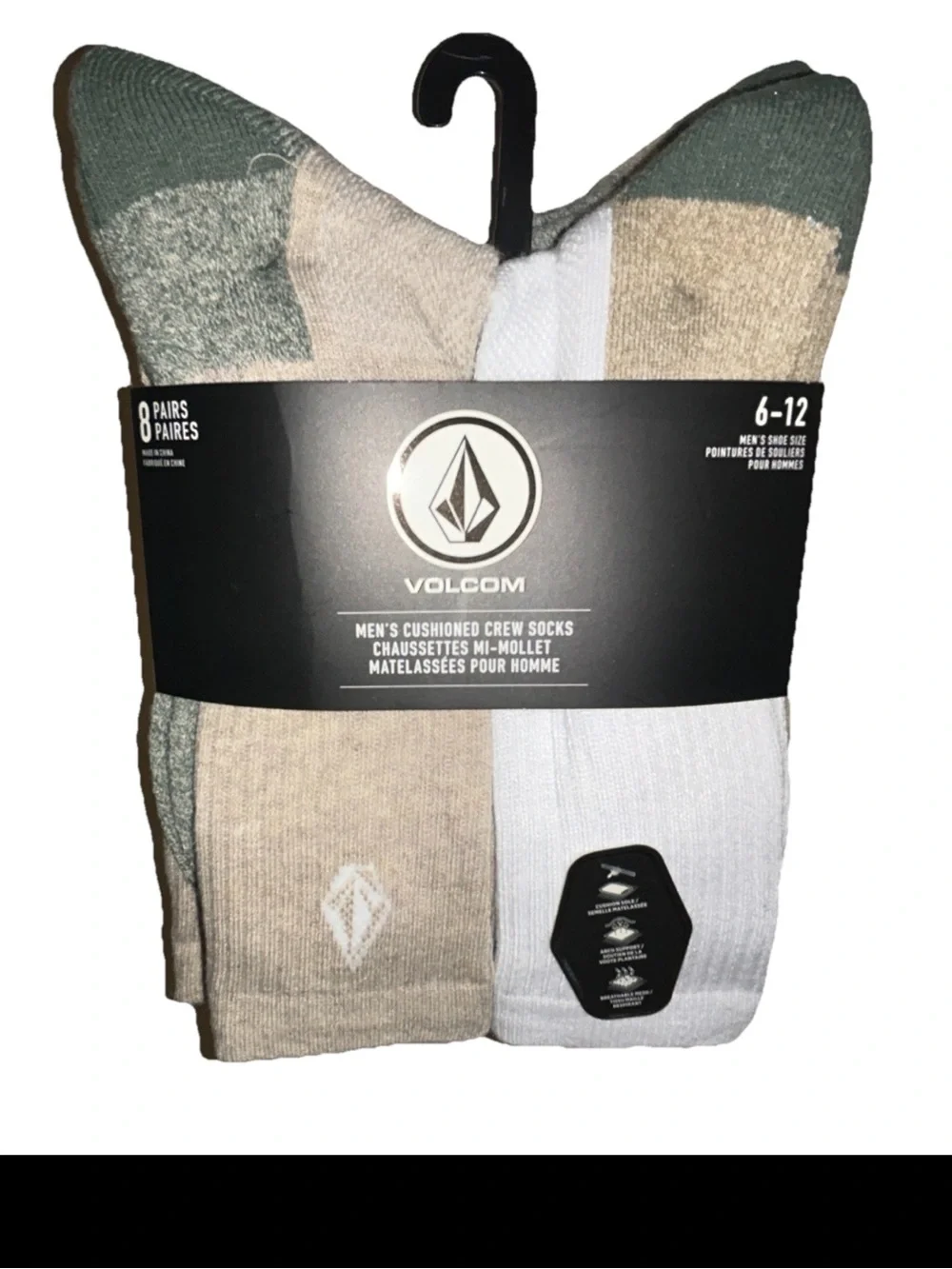 Volcom Cushioned Crew Socks 8 Pair Men 6-12 White Brown Green w Logos Ride NEW!